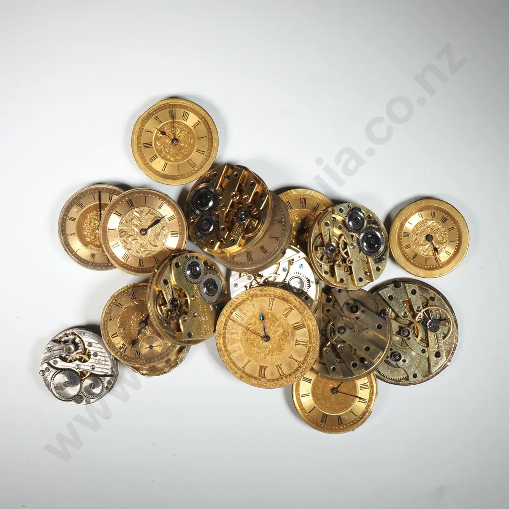 Assortment Of Antique Pocket Watches Movements With Engraved Gilded Dials Including Baume, Omega  Image 1++