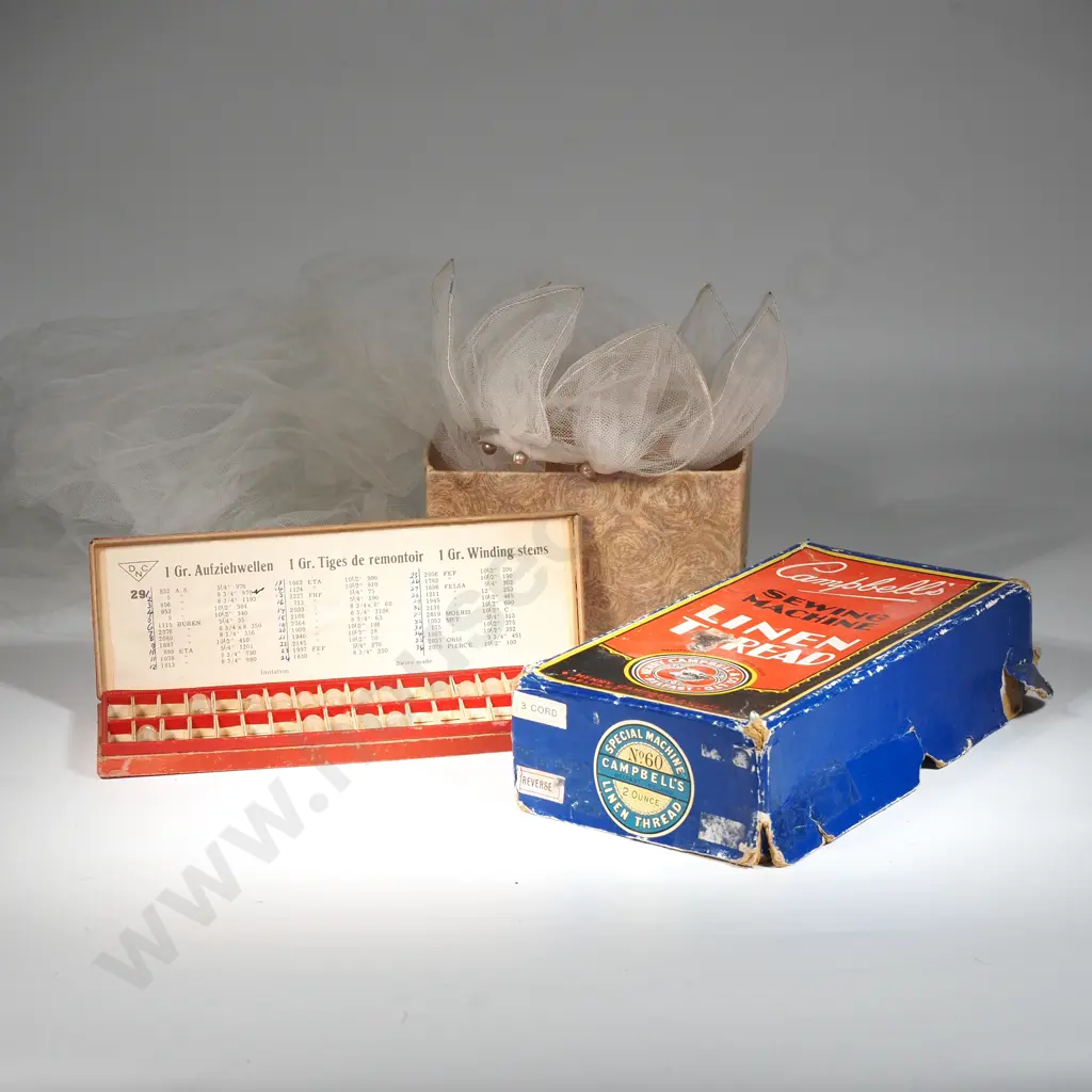 Vintage Campbells Sewing Machine Boxes Containing Buttons, Bridal Veil & Winding Stems Image 1++