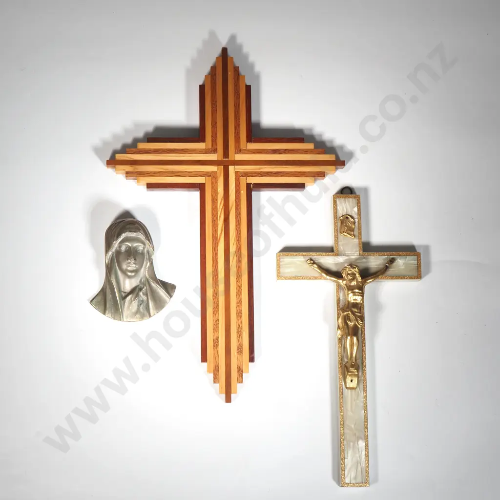 Inlaid Wooden Cross & A Faux Mother Of Pearl & Gilt Crucifix & Madonna Wall Bust Image 1++