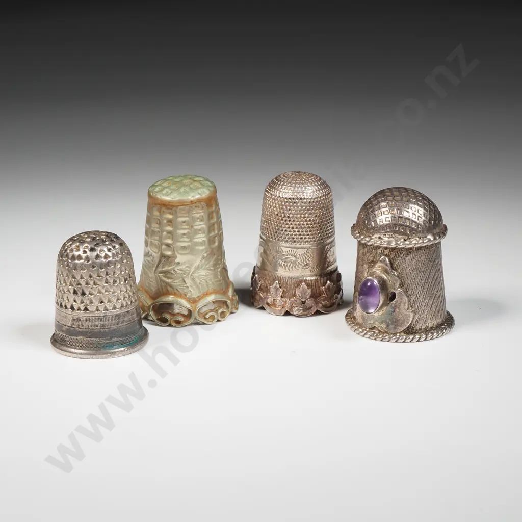Four Thimbles Including One Sterling Silver Thimble with Inset Amethyst Image 1++