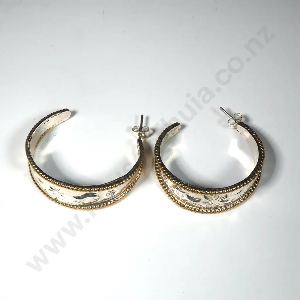 Two Tone  Sterling Silver  Hoop Earrings with Embossed Decoration & Beaded Gilt Edge Image 1++