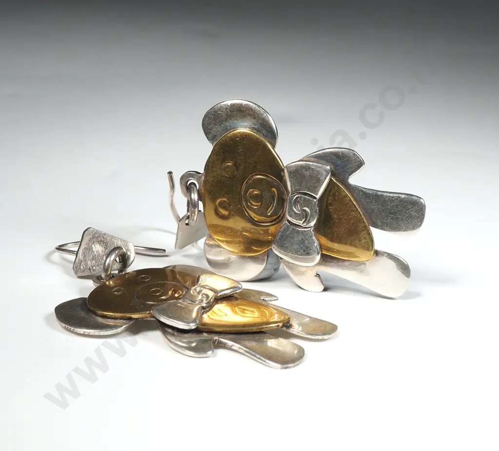 Heavy Two Tone Drop  Sterling Silver  Earrings In the form Of Teddy Bears With Bow Ties Image 1++