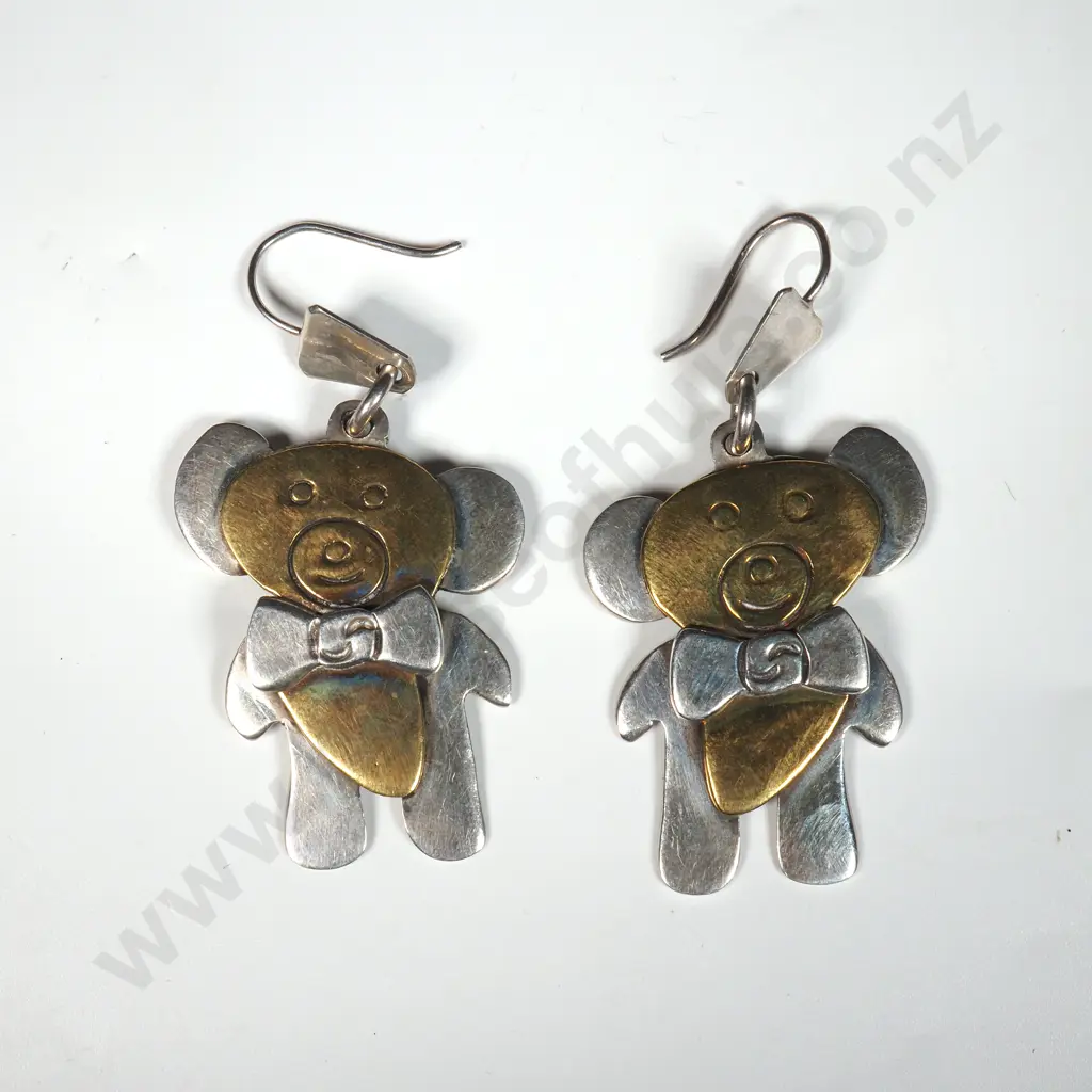 Heavy Two Tone Drop  Sterling Silver  Earrings In the form Of Teddy Bears With Bow Ties Image 1++