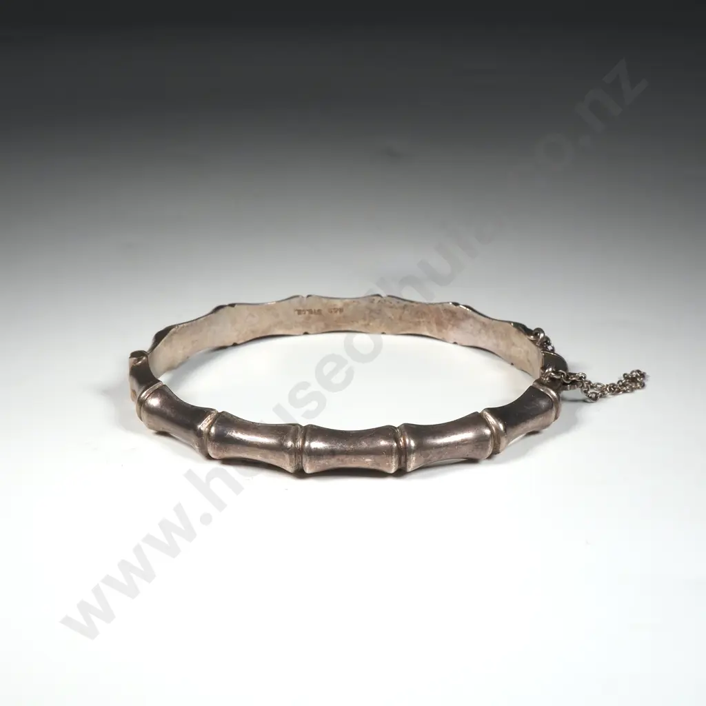 Vintage  Sterling Silver Bamboo Shaped Snap Bangle with Safety Chain Image 1++