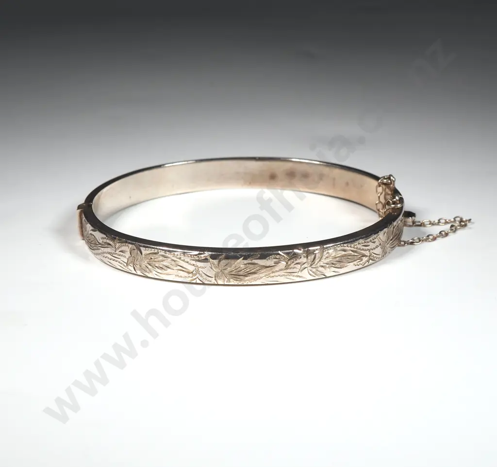 Sterling Silver Snap Bangle With Engraved Front & Safety Chain Image 1++