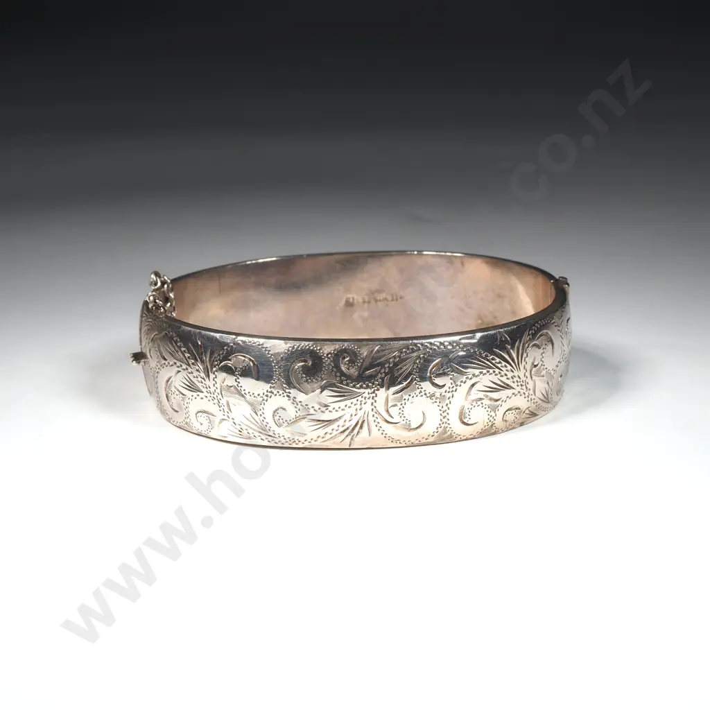 Sterling Silver Bangle with Engraved Decoration To Front & Safety Chain Image 1++
