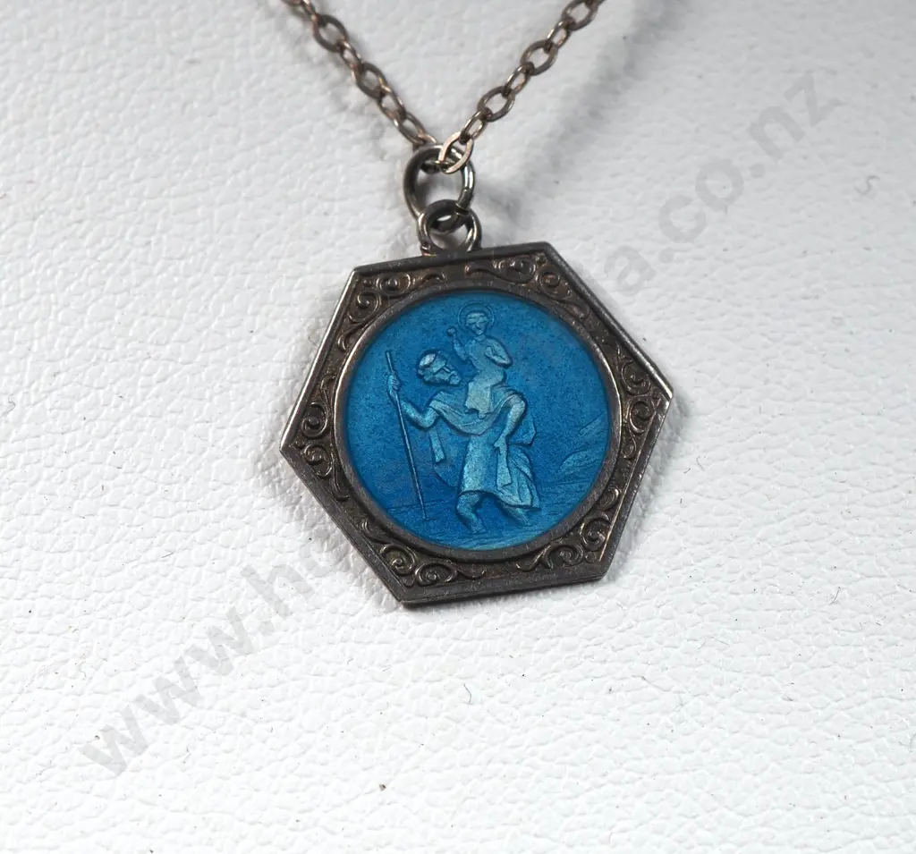 Sterling Silver  Chain & Blue Enamel St Christopher Pendant Set In A Hexagonal Frame Image 1++