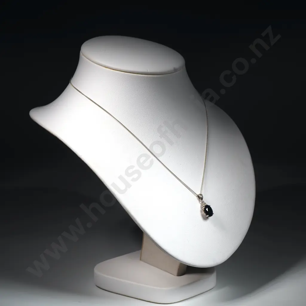 Sterling Silver  Chain & Blue Stone Pendant Image 1++