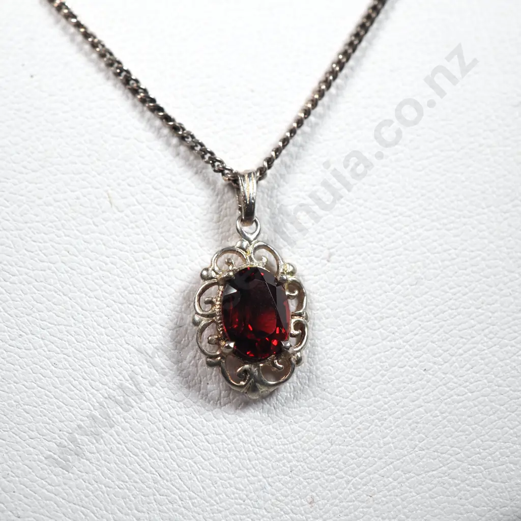 Sterling Silver  Chain & Red Stone Pendant. Possibly Garnet Image 1++