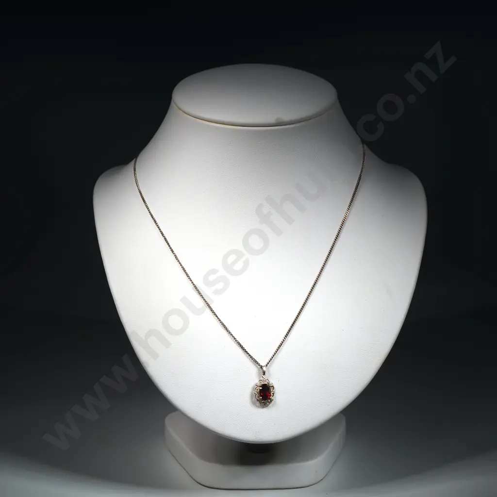 Sterling Silver  Chain & Red Stone Pendant. Possibly Garnet Image 1++