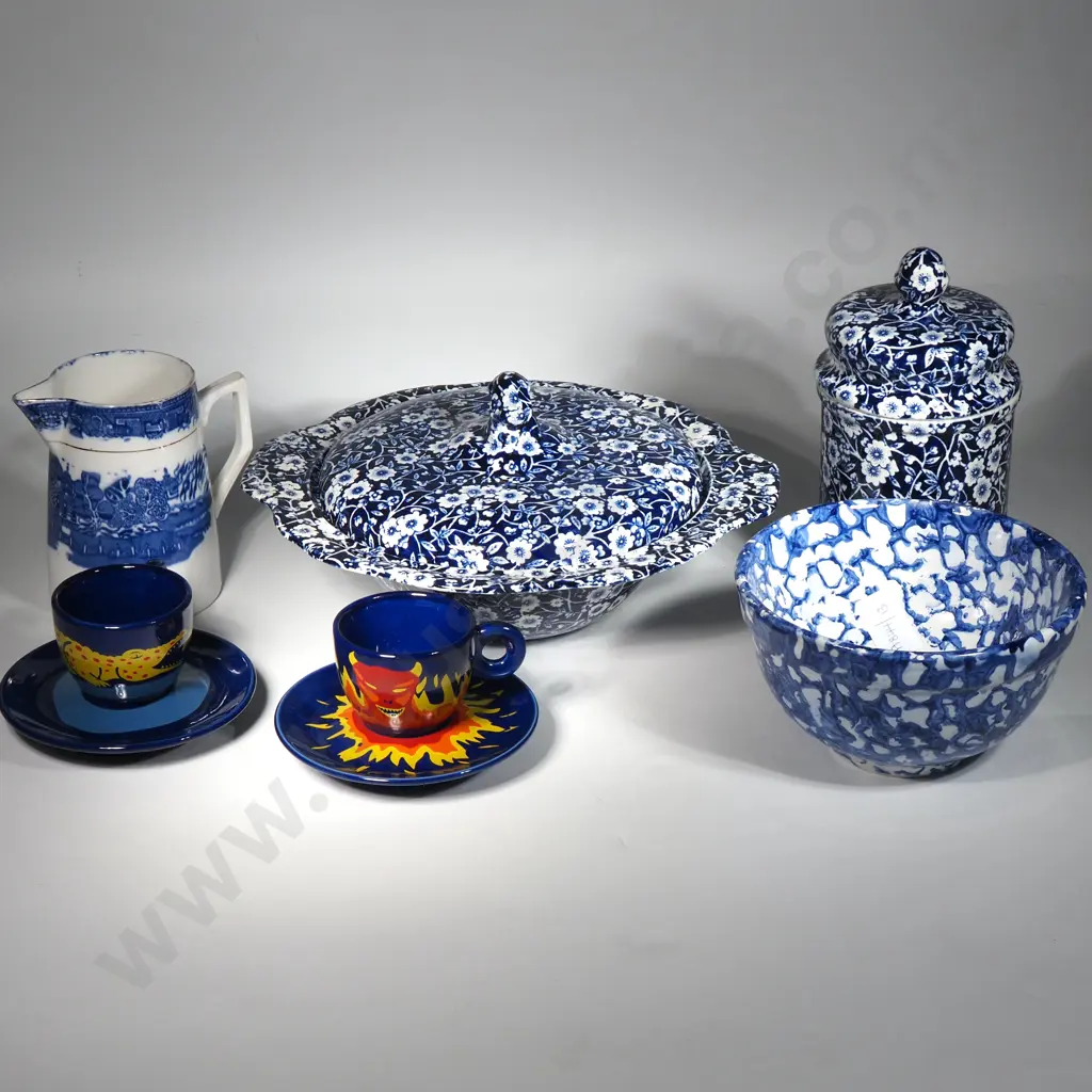 Calico Burleigh Ware  Casserole Dish & Lid, Calico Burleigh Tea Caddy, Small Blue & White Bowl.Willow Pattern  Milk Jug Image 1++