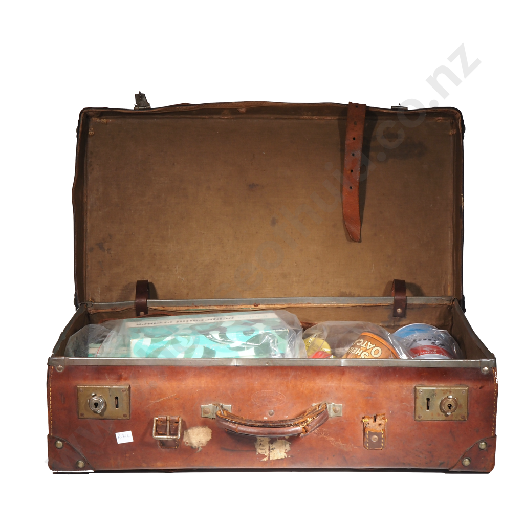Vintage Leather Suitcase  Containing Tins Including A Clever Mary Cleaner Tin, Bradasol Antiseptic Lozenges, Naphthalene Image 1++
