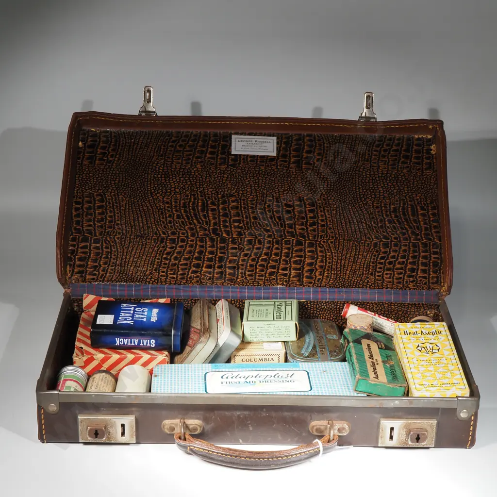 Vintage Leather Briefcase Retailed By George Russell Masonic Outfitter, Wellington Containing A Quantity of Vintage Tins Image 1++