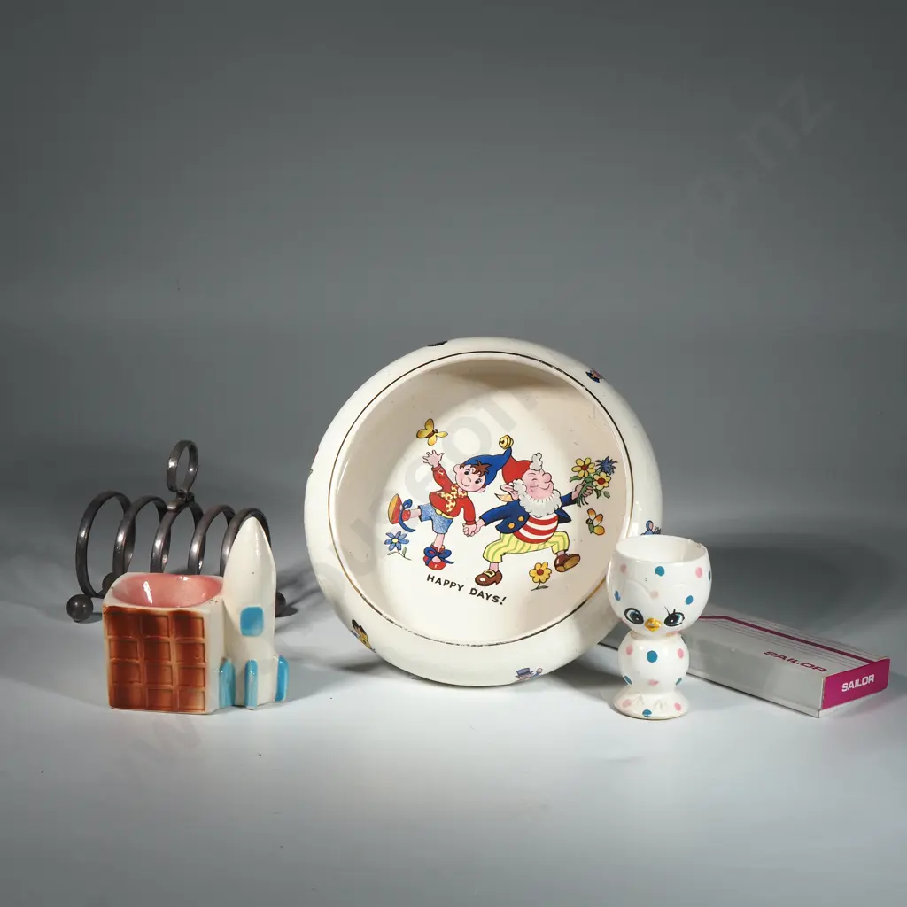 Vintage Biltons Collectible Noddy Ware Noddy Big Ears Bowl 'Happy Days' ,Figural Egg Cup w Rocket, EP Toast Rack & Pen & Image 1++