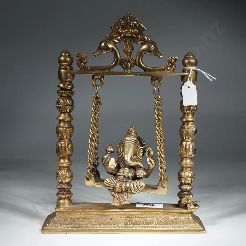 Brass Statue Of  Hindu Deity Ganesha On A Swing, Also Known As A "Ganesha Jhula". Complete with Pillars, Chains & Swans Image 1++