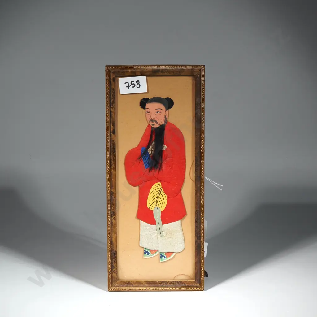 Vintage Framed Chinese Folk Art Fabric & Paper Figure w Painted Face & Long Black Beard. Image 1++