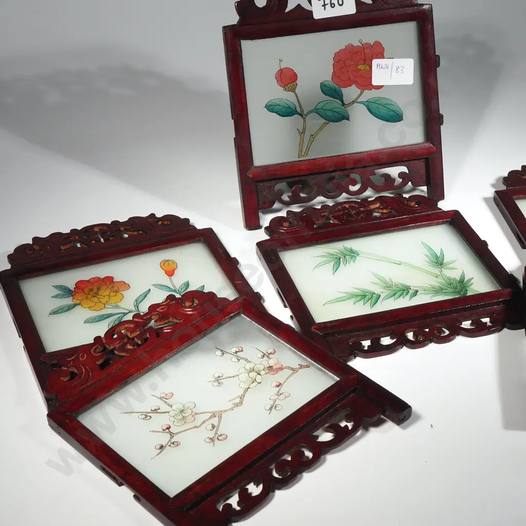 Japanese Timber & Glass Five Panel Table Screen With Floral Decoration  Image 1++