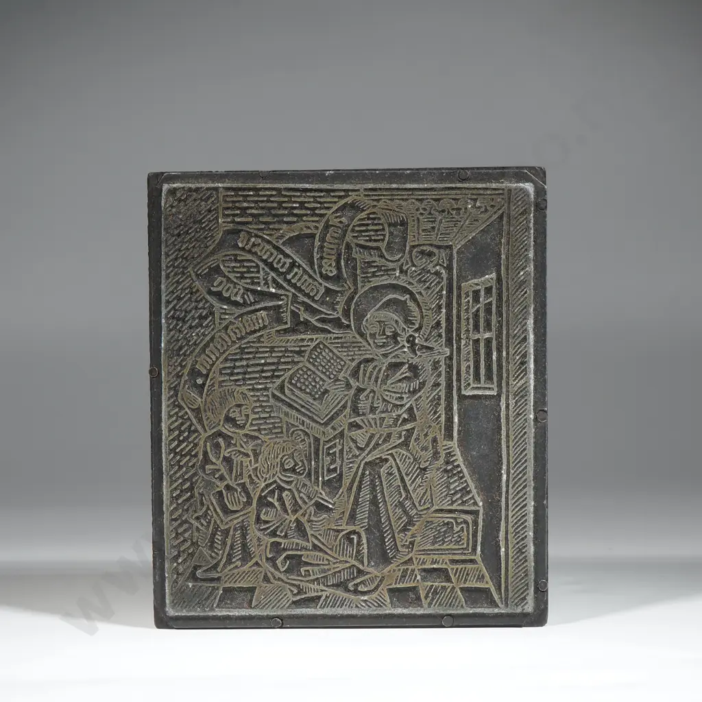 Vintage Metal Printing Block Depicting a Religious Or Allegorical Theme Image 1++