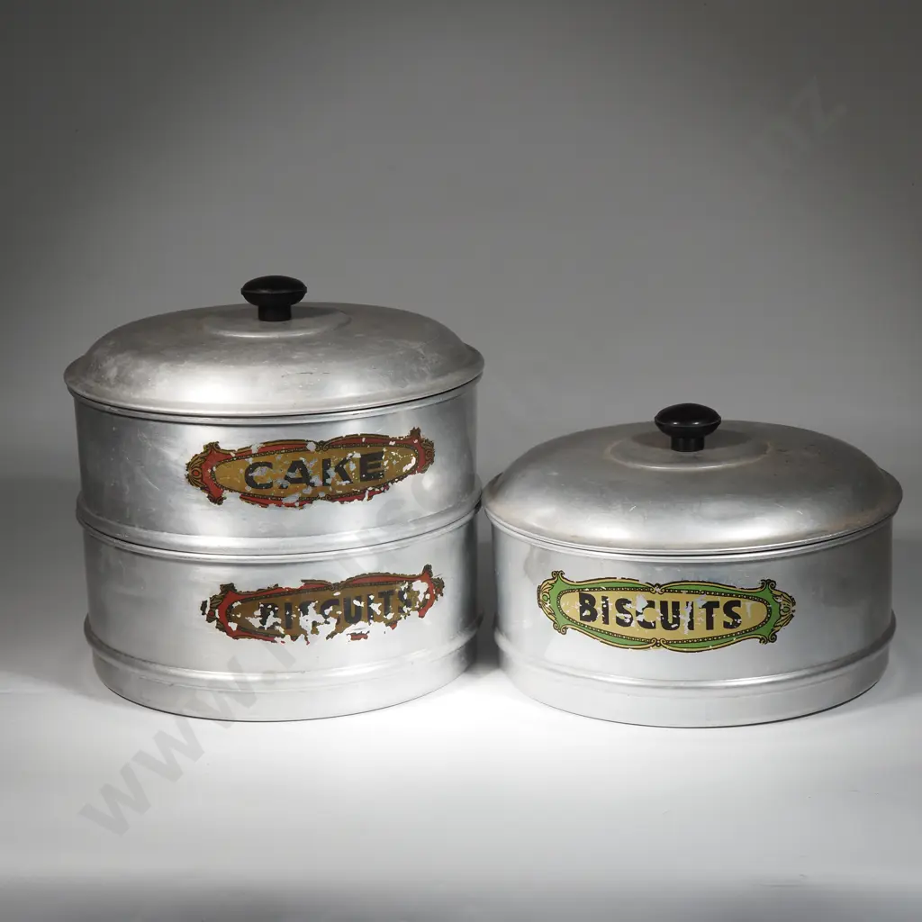 Vintage Aluminium Stacking Tin, Marked Biscuits & Cakes,  An Aluminium lidded Tin Marked "Biscuits" &  Aluminium Caddie Image 1++