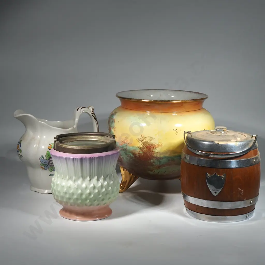 Booths "Woodstock" Jug with Floral Decoration A,  Victorian Jardinere On Gilt Feet (A/F), An Oak Biscuit Barrel Image 1++