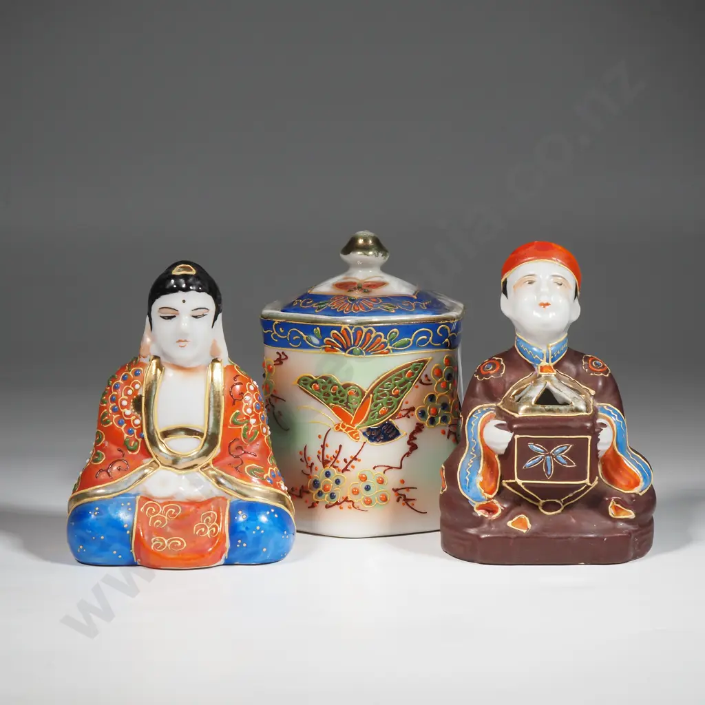 Vintage Japanese Trimont Ware Incense Burner,  A  Seated Figure Of Buddha &  A Lidded Moriage Lidded Hexagonal Jar Image 1++