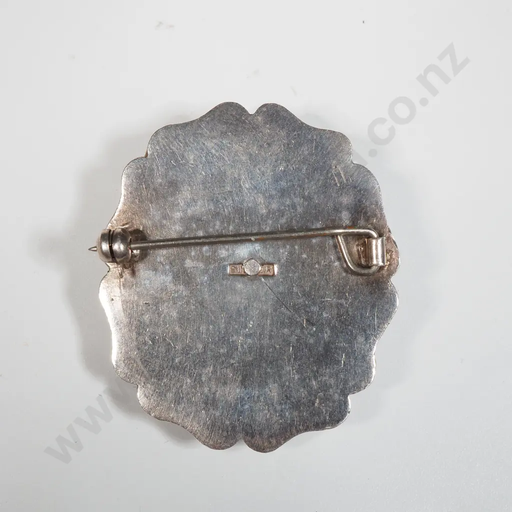 Sterling Silver & Paua Shell Brooch of Oval Form - the Paua Shell Set w Applied Kiwi and w an Ornate Sterling Mount Image 1++