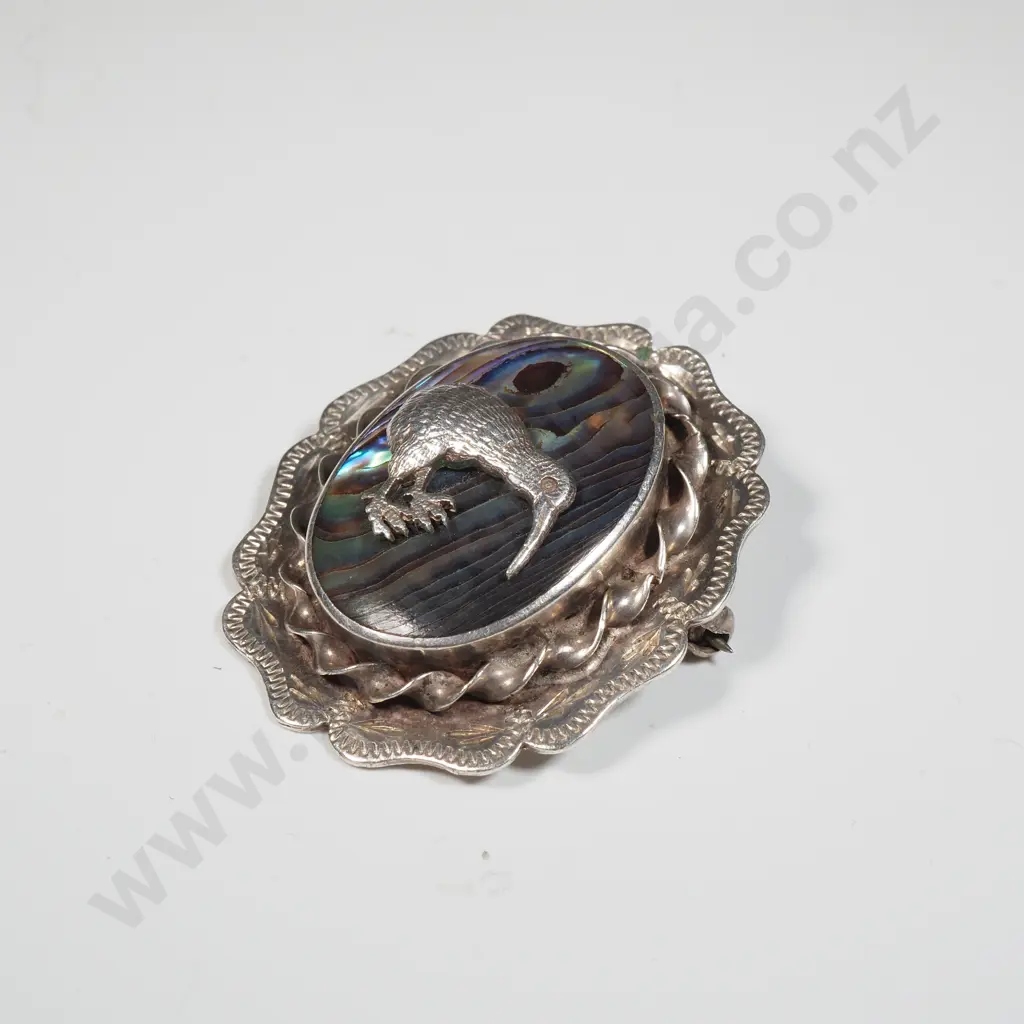 Sterling Silver & Paua Shell Brooch of Oval Form - the Paua Shell Set w Applied Kiwi and w an Ornate Sterling Mount Image 1++