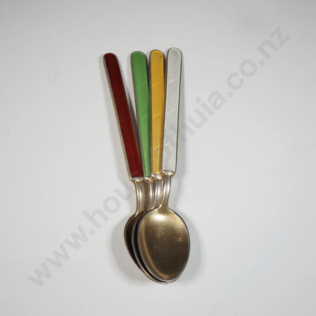 Norwegian Sterling Silver & Guilloche Enamel Teaspoons Marked 925 Sterling Image 1++