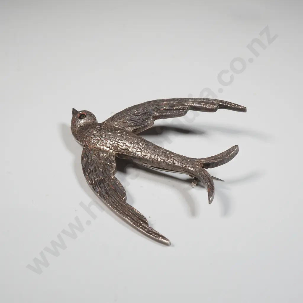 Sterling Silver Soaring Swallow Brooch With Finely Engraved Detail & Marcasite Eye Image 1++