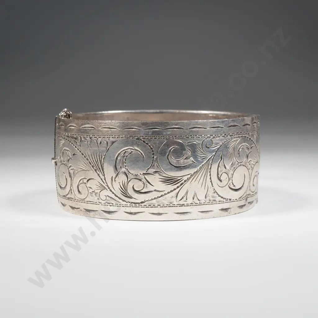Wide Sterling Silver Hinged Bracelet w Scroll Decoration Image 1++