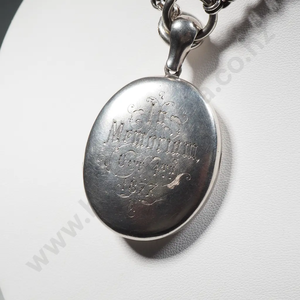 Victorian Sterling Silver Locket & Heavy Double Belcher Chain Link Necklace - Locket Engraved "In Memoriam Oct 4th 1877" Image 1++