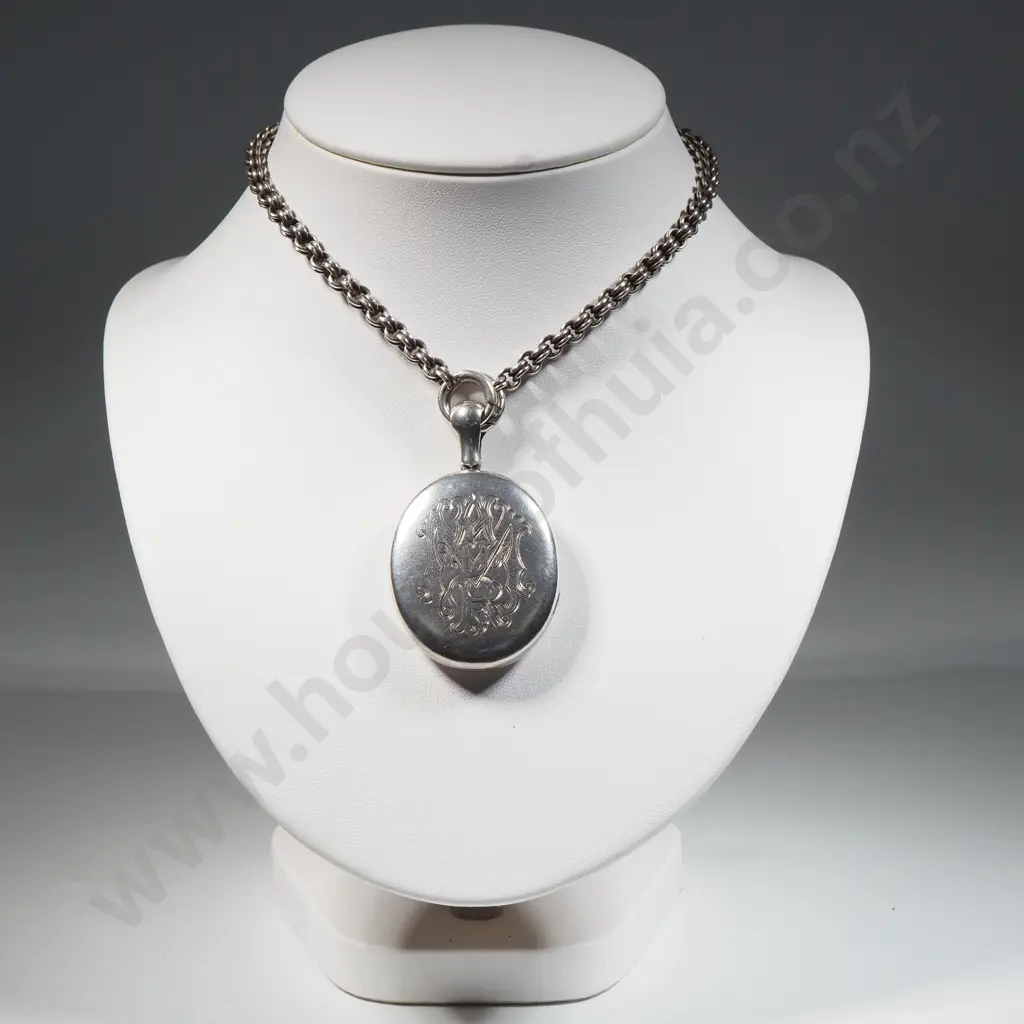 Victorian Sterling Silver Locket & Heavy Double Belcher Chain Link Necklace - Locket Engraved "In Memoriam Oct 4th 1877" Image 1++