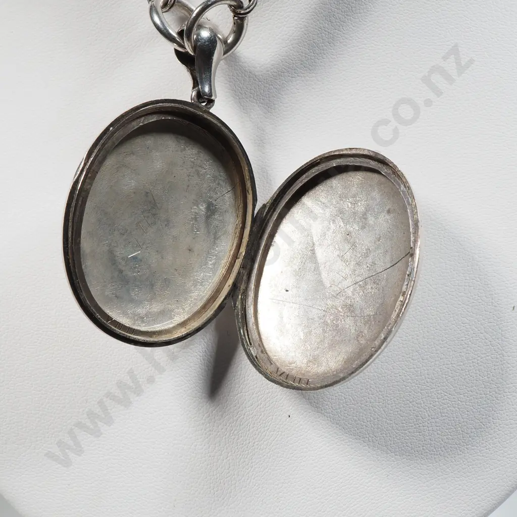Victorian Sterling Silver Locket & Heavy Double Belcher Chain Link Necklace - Locket Engraved "In Memoriam Oct 4th 1877" Image 1++