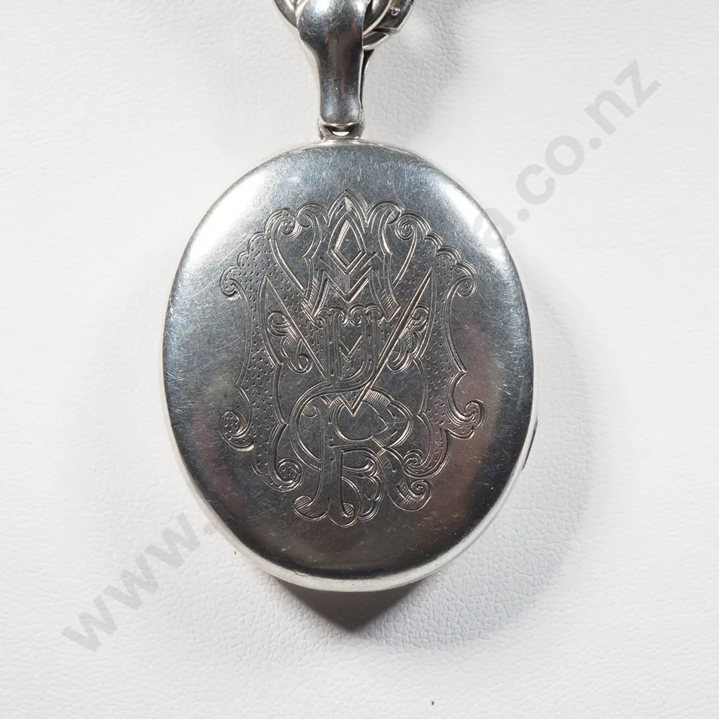 Victorian Sterling Silver Locket & Heavy Double Belcher Chain Link Necklace - Locket Engraved "In Memoriam Oct 4th 1877" Image 1++
