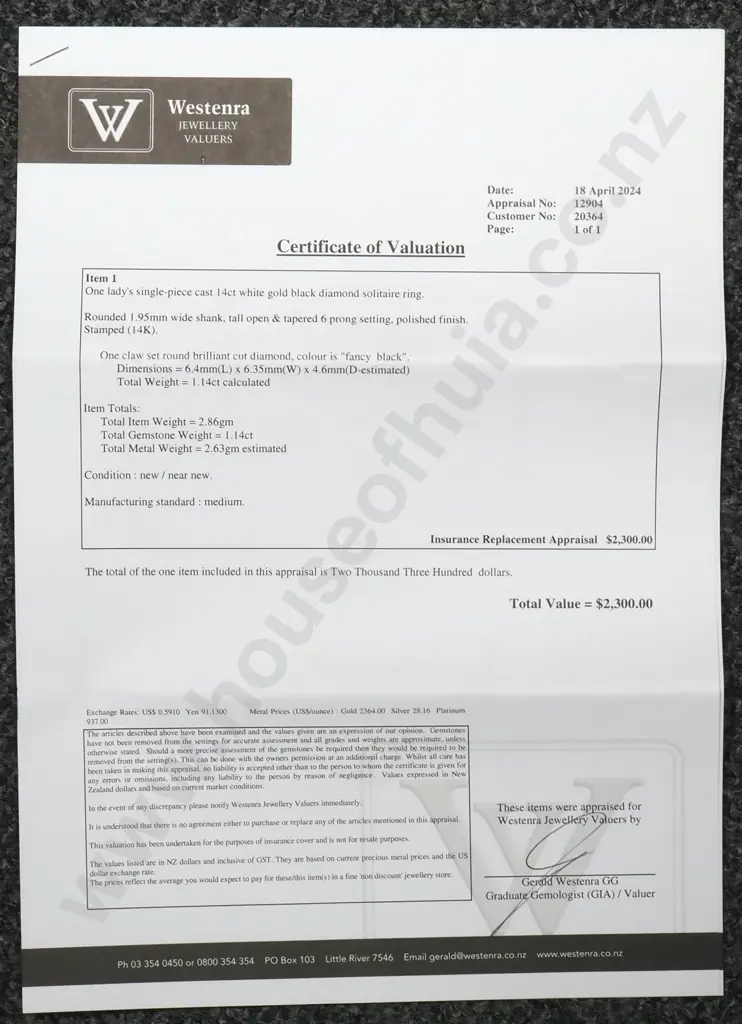 14ct Gold Black 1.14 Carat Diamond Solitaire Ring w Valuation Image 1++