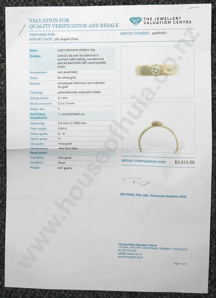 9ct White Gold Diamond Ring w Valuation - $3,915.00 Image 1++