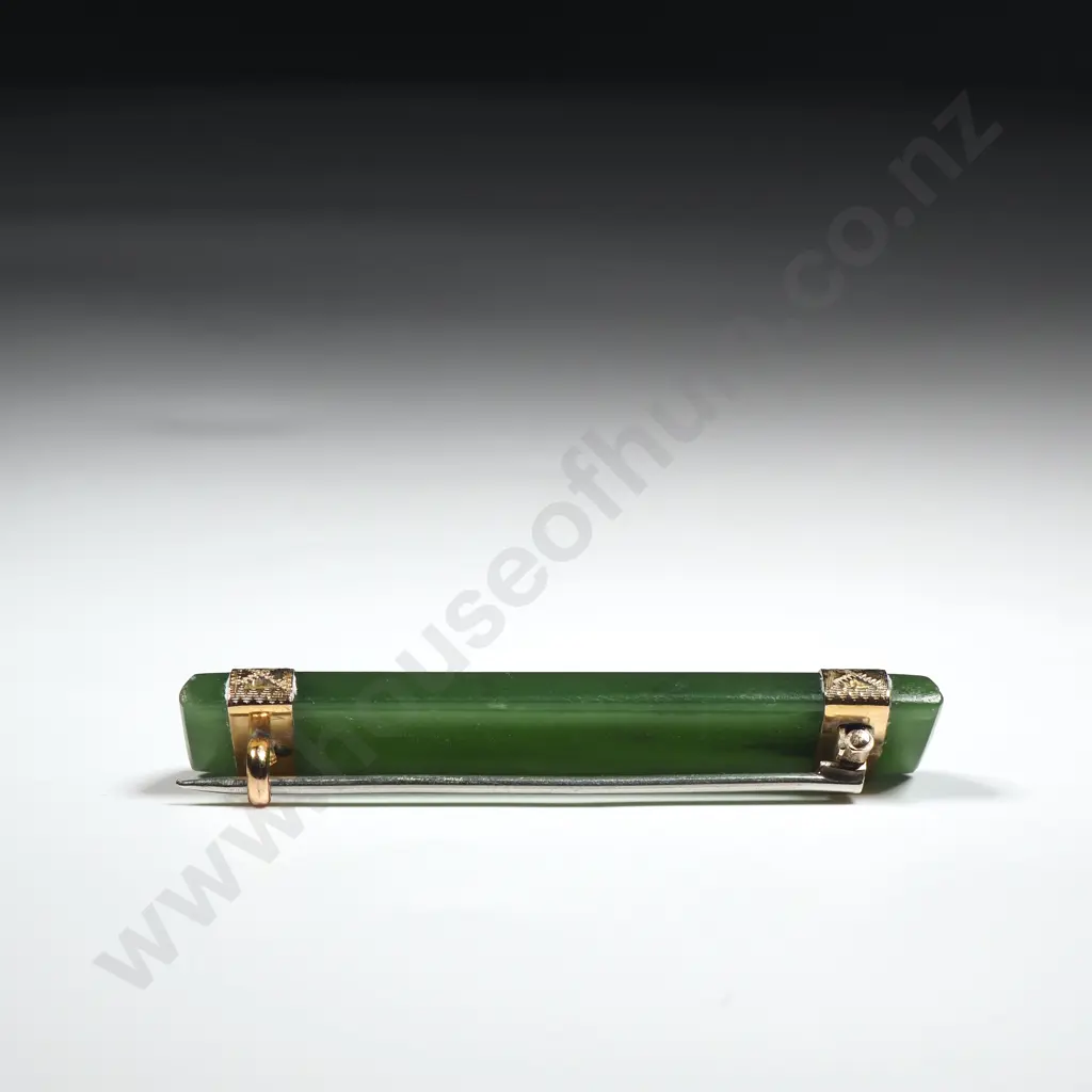 Greenstone Bar Brooch with Engraved 9ct Gold Mounts  Image 1++