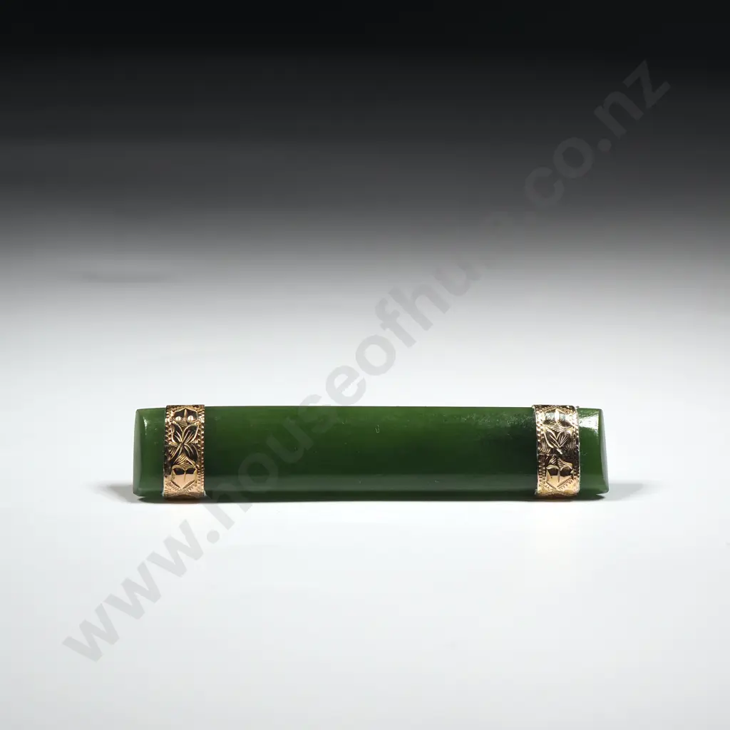 Greenstone Bar Brooch with Engraved 9ct Gold Mounts  Image 1++