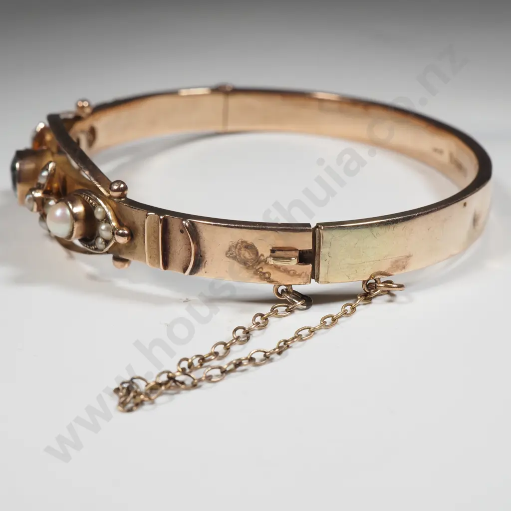 9ct Gold Hinged Bangle w Seed-pearls & Blue Gem Image 1++