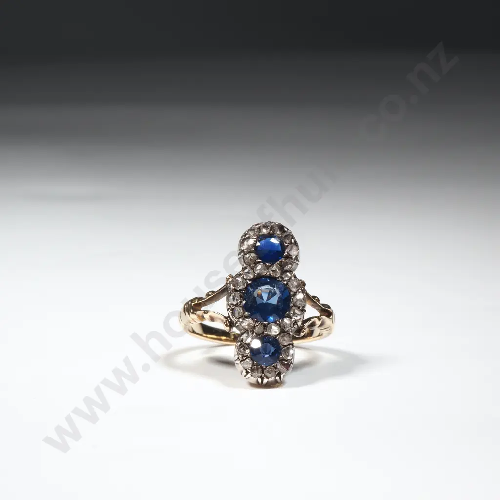 Spectacular Antique 15ct Gold, Diamond & Three Sapphire Ring Image 1++