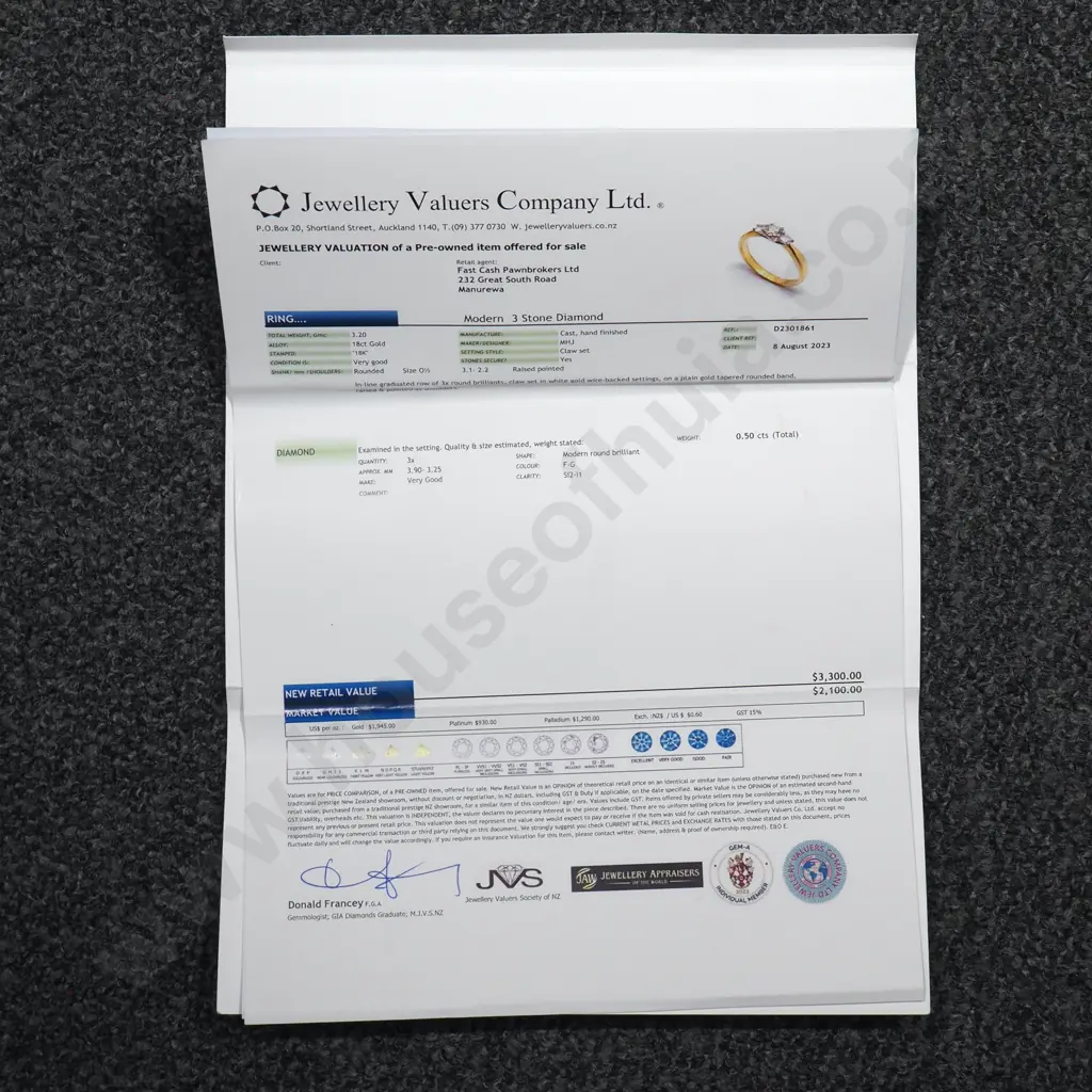 18ct Gold Three Diamond Ring by Michael Hill Valued at $3,300.00 Image 1++