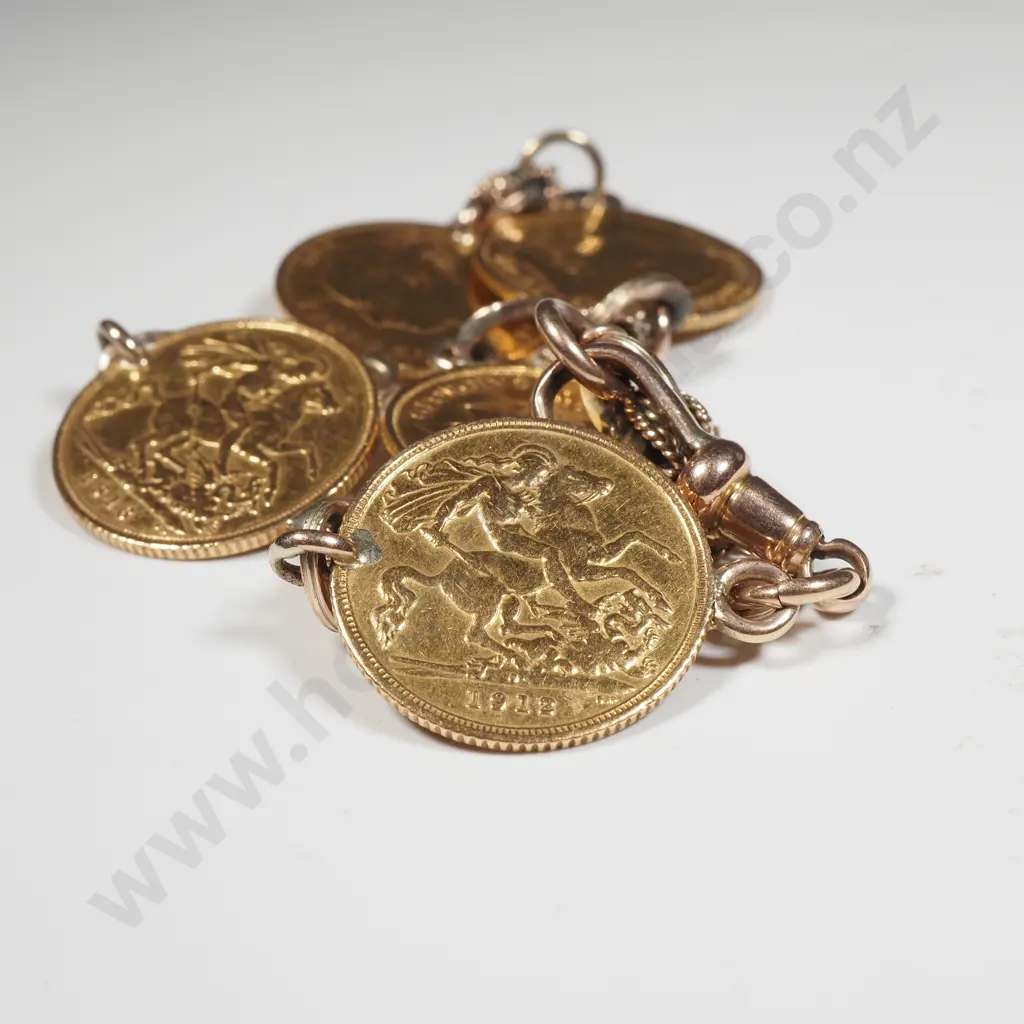 Antique 9ct Gold 5 Half Sovereign Bracelet w Dog Clip Image 1++