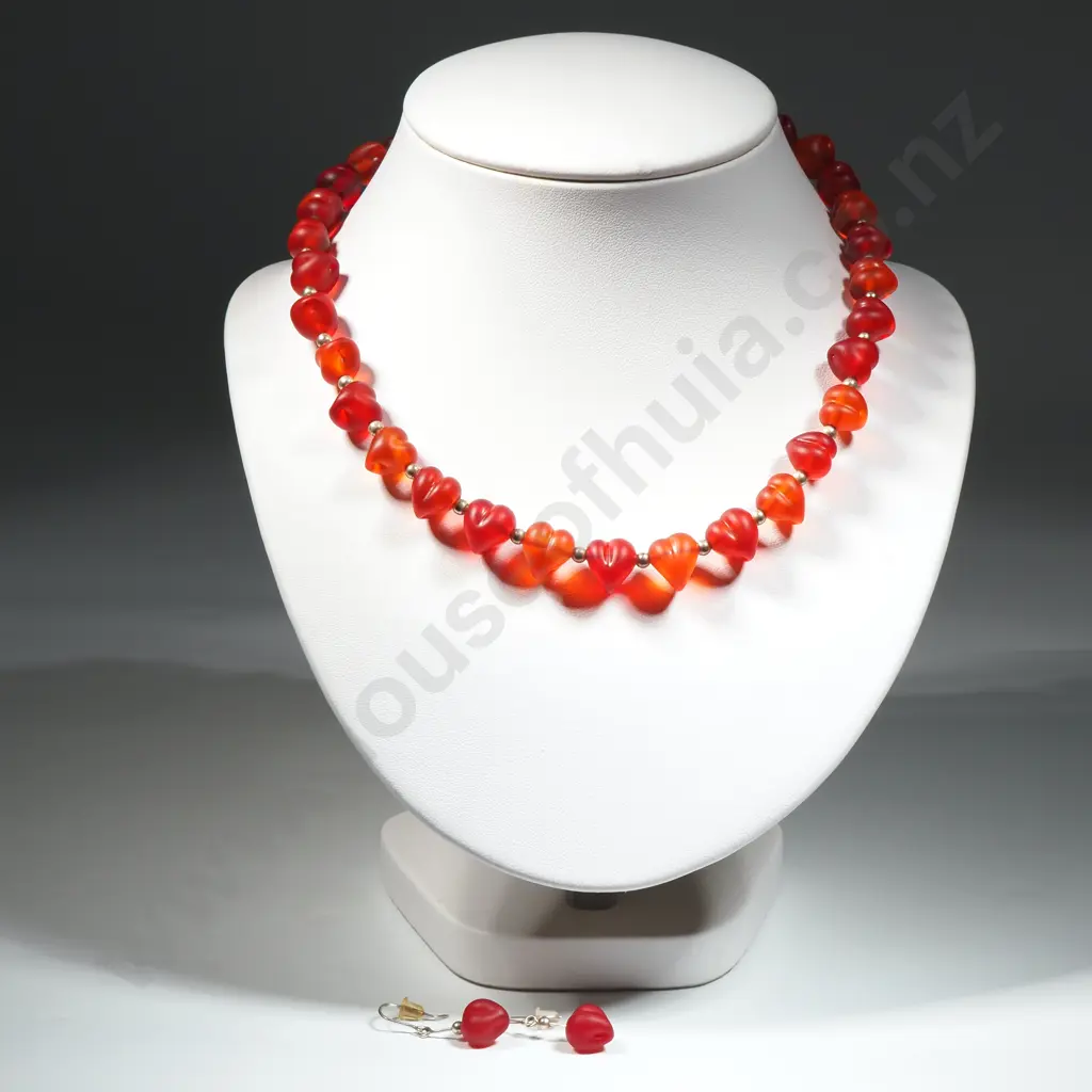 Art Glass Necklace & Earrings in Sterling SIlver - Frosted Heart Shaped - Signed C W Image 1++