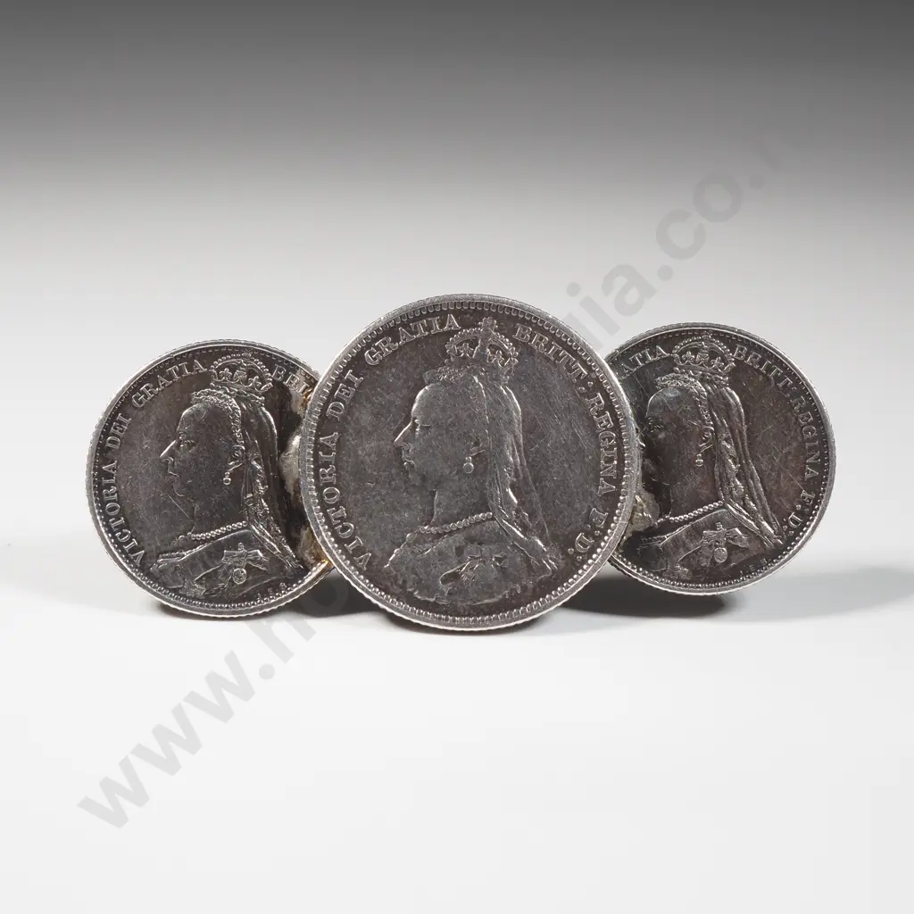 Silver Three Coin Brooch Featuring A Victorian Head Shilling & Two Sixpences Overlapping 1887 Image 1++
