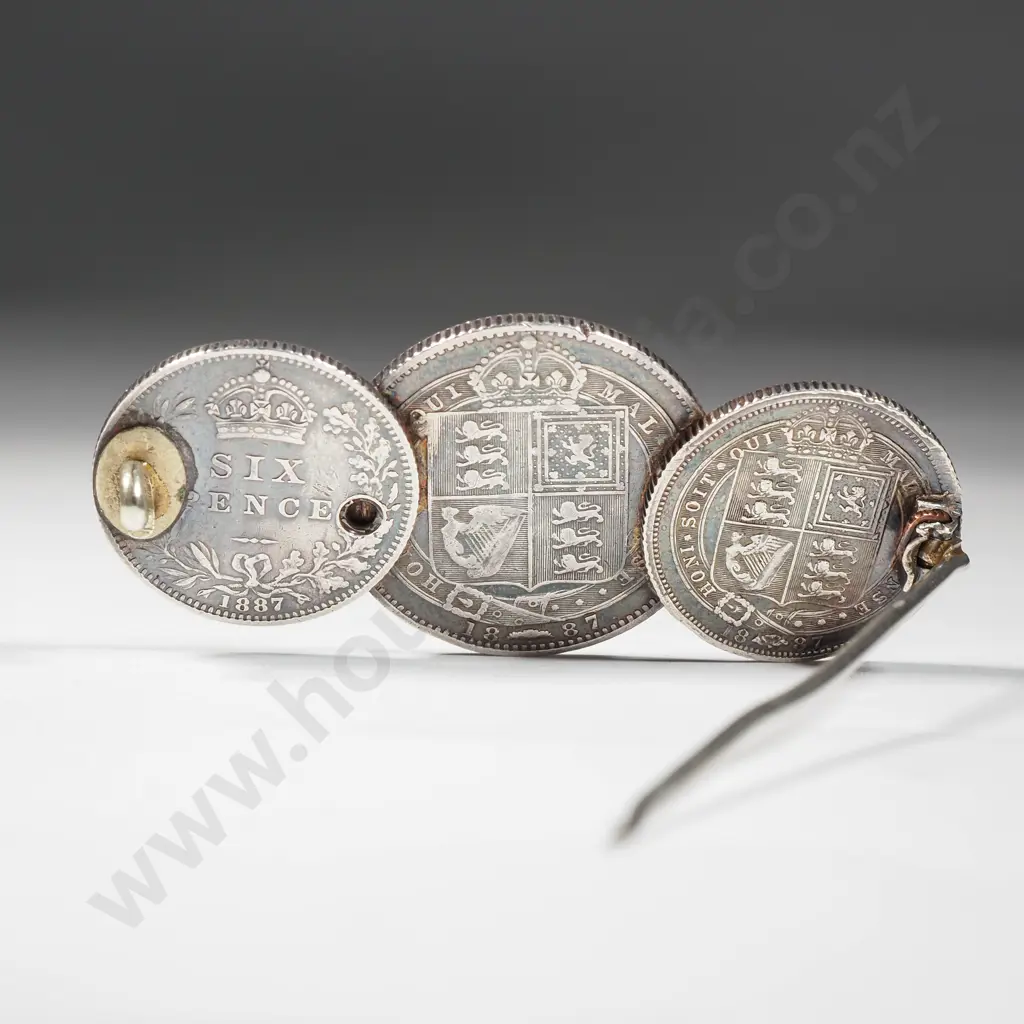 Silver Three Coin Brooch Featuring A Victorian Head Shilling & Two Sixpences Overlapping 1887 Image 1++