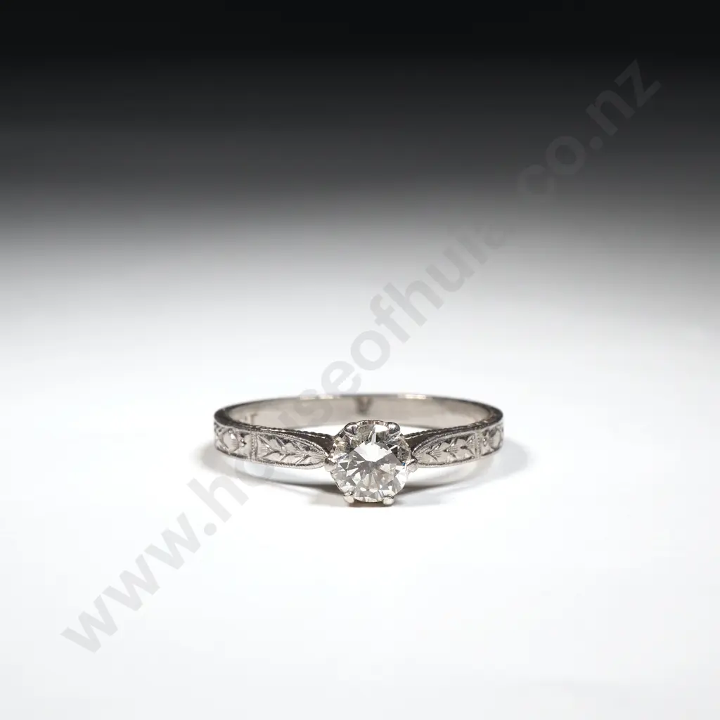 Platinum & Solitaire Diamond Ring W Engraved Band Image 1++