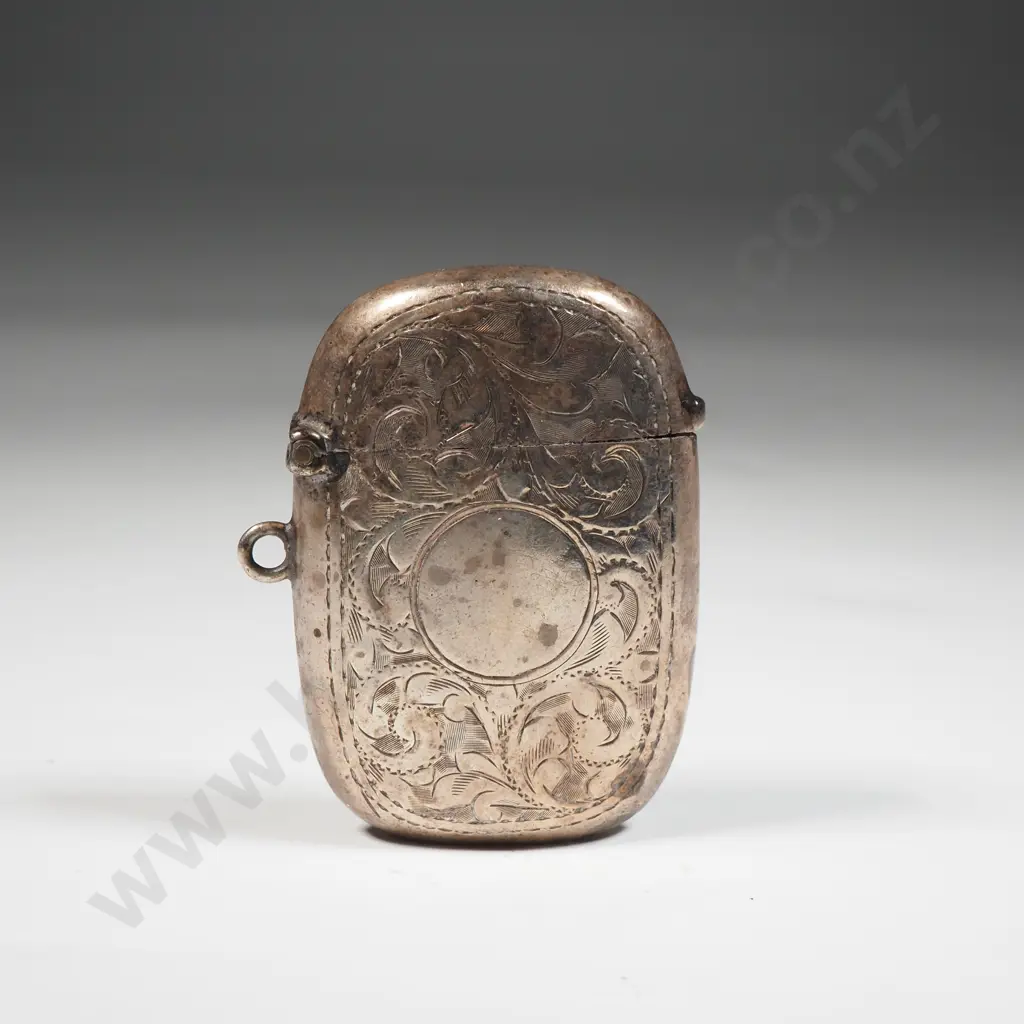 Sterling Silver Vesta Box With Allover Scroll Decoration & Empty Circular Cartouche Image 1++