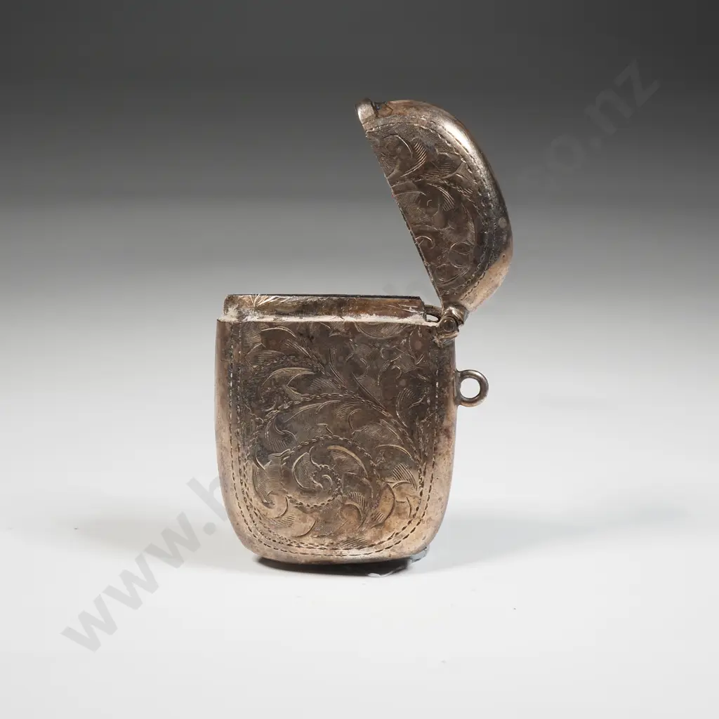 Sterling Silver Vesta Box With Allover Scroll Decoration & Empty Circular Cartouche Image 1++