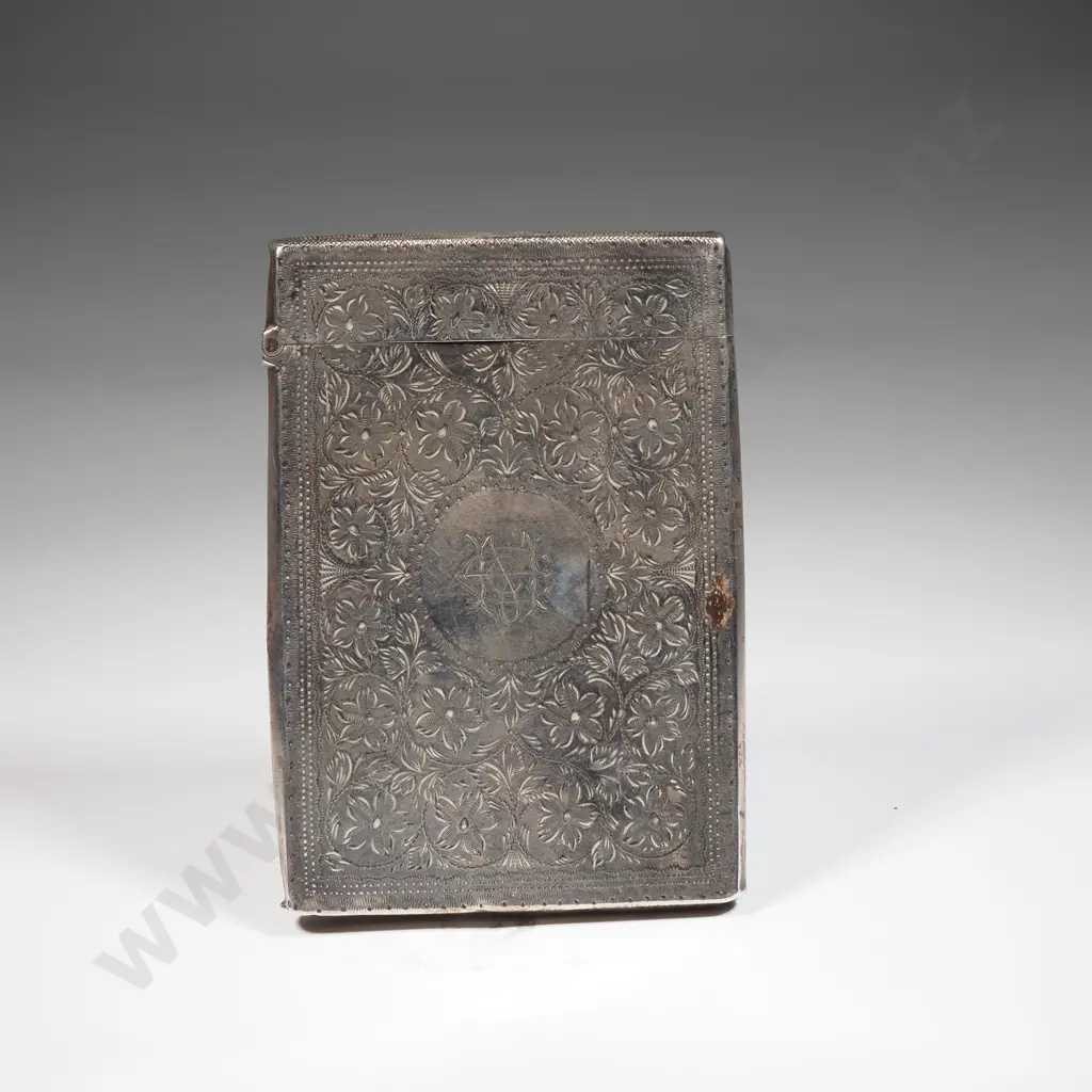Sterling Silver Card Case With Allover Floral Decoration. Initialled CM In Circular Cartouche. Image 1++