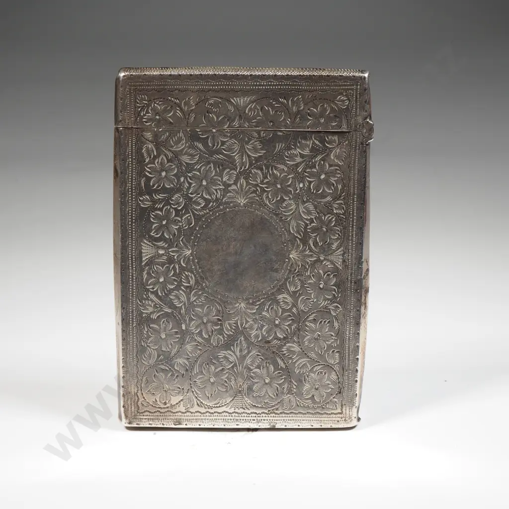 Sterling Silver Card Case With Allover Floral Decoration. Initialled CM In Circular Cartouche. Image 1++